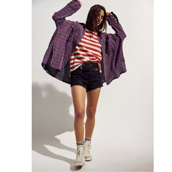 Free People Oversized Bohemian Grunge Fall Cardiff Plaid Swing Top Shirt Medium - Picture 5 of 14